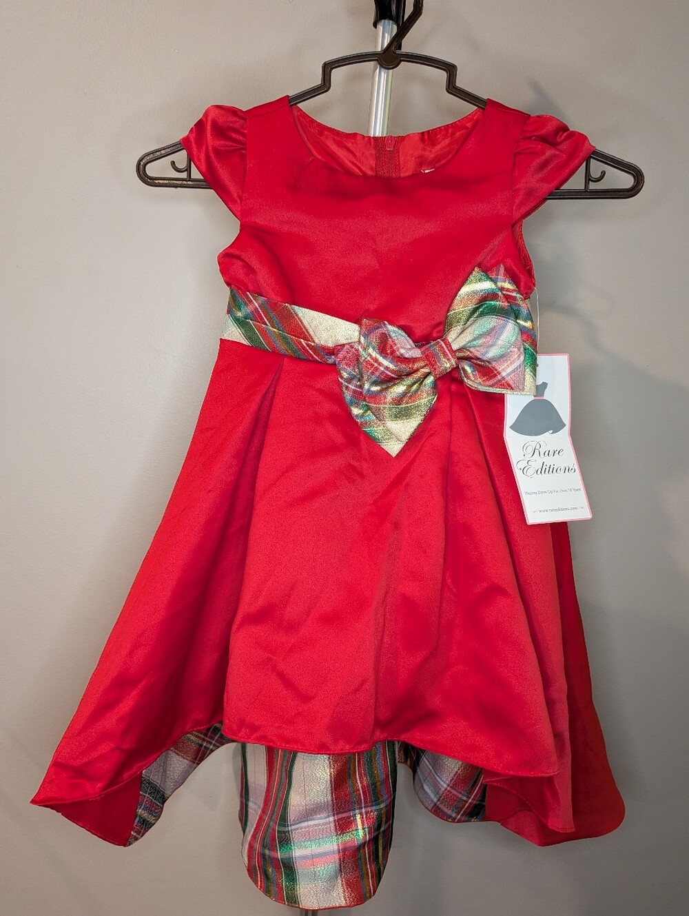 Rare Editions Red Holiday Dress with Plaid Bow Accent